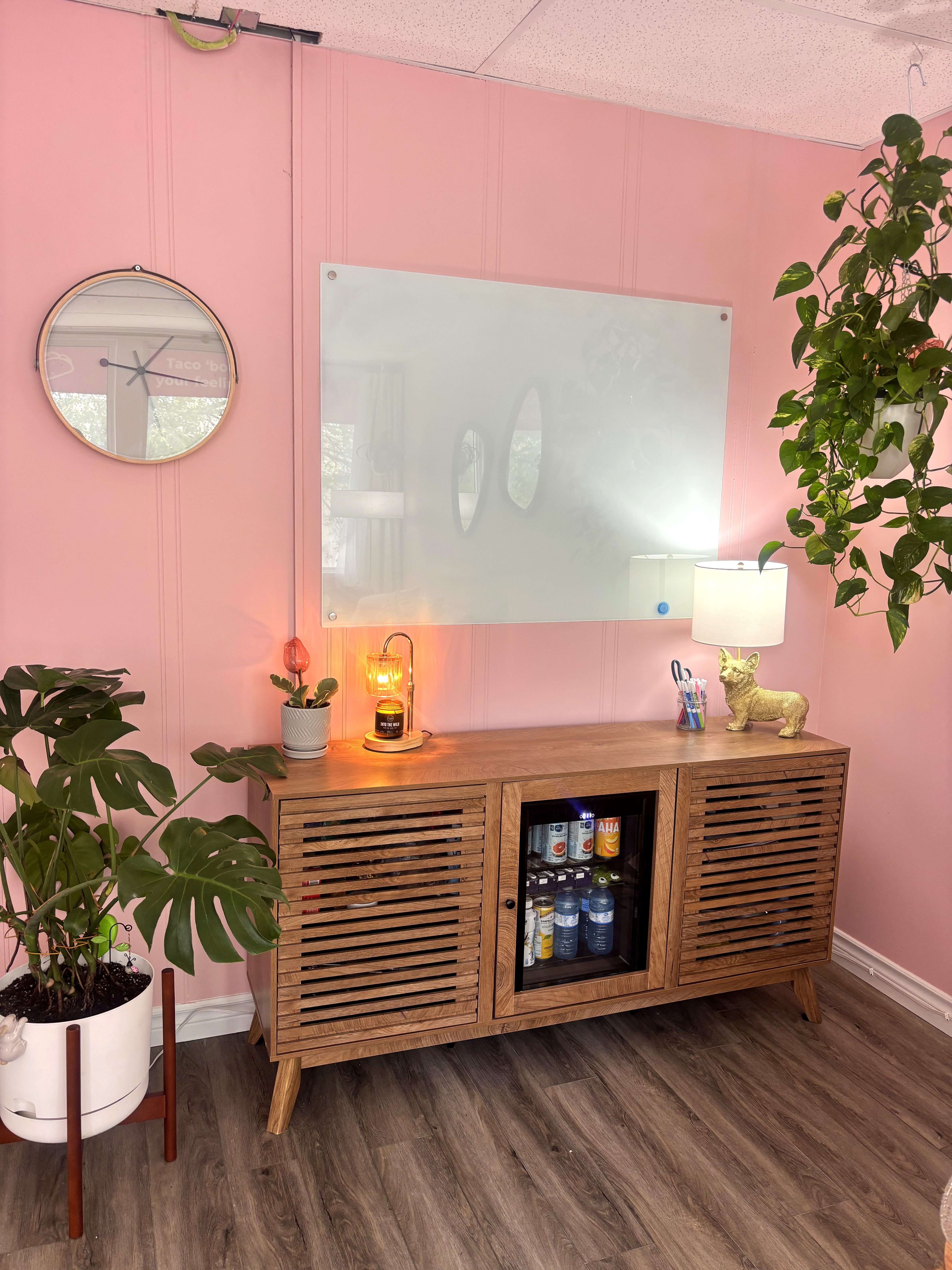 Ontario Therapy office — credenza, whiteboard, mini fridge and plants