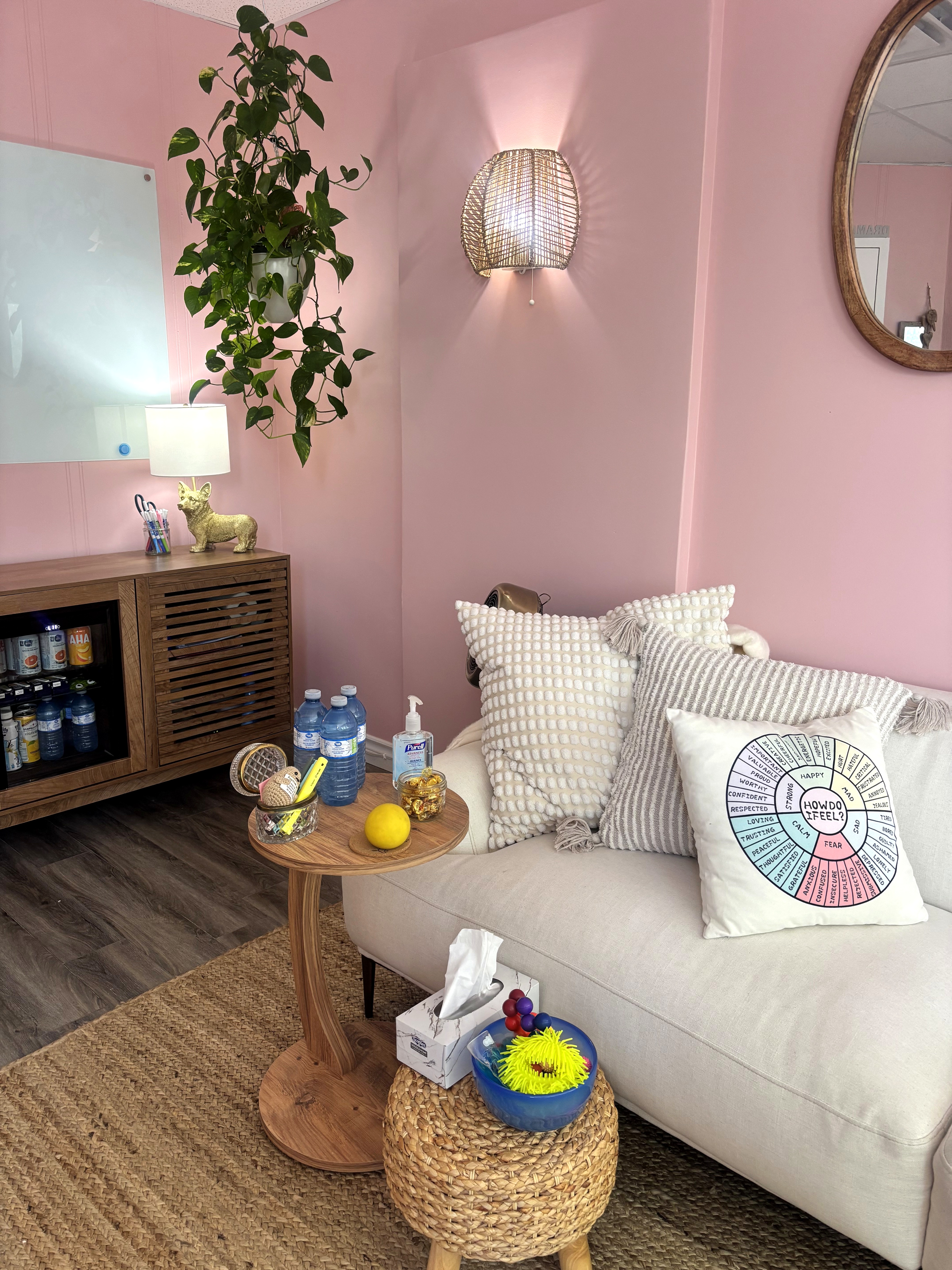 Ontario Therapy office — sofa, fidget toys, fridge corner